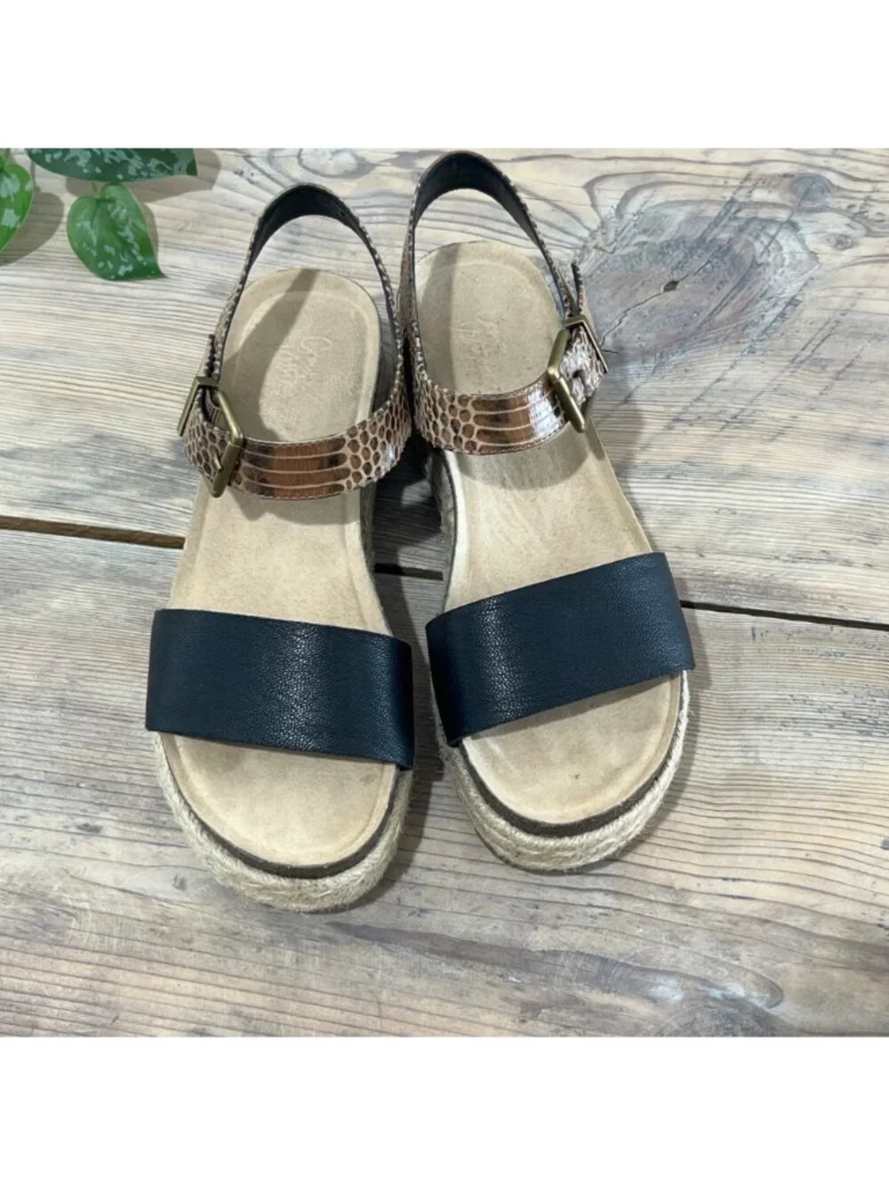 Crown Vintage Nedra Espadrille Sandal Womens 8.5 Black Leather and Snakeprint